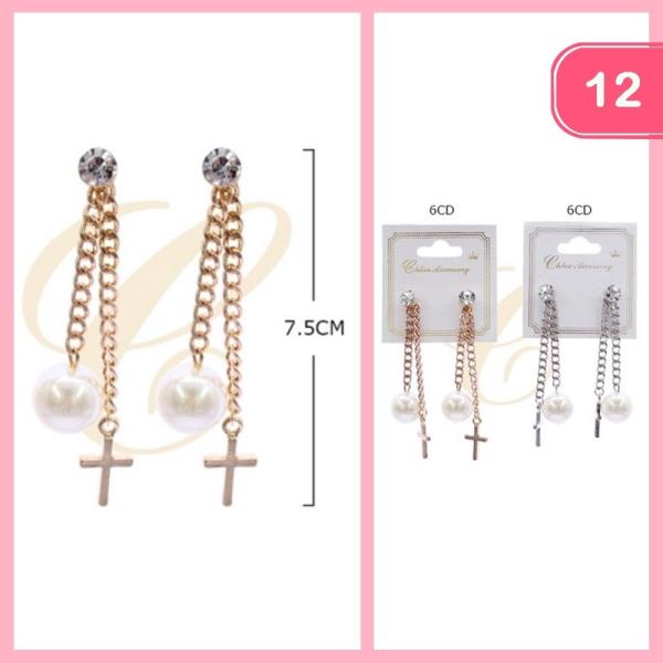 RHINESTONE CHAIN PEARL CROSS DANGLE EARRINGS (12 UNITS)