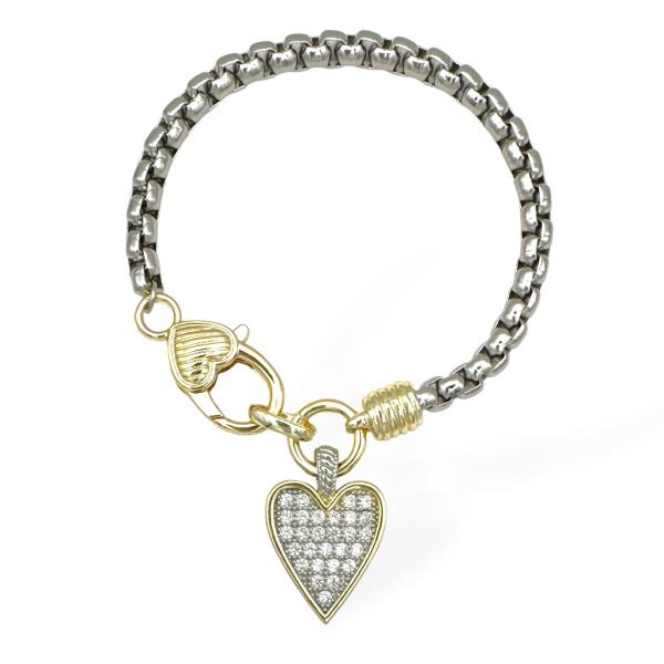 RHINESTONE CHAIN TWO TONE HEART BRACELET