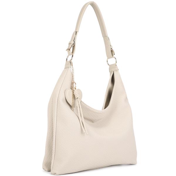 TEXTURED SHOULDER HOBO BAG W KEYCHAIN