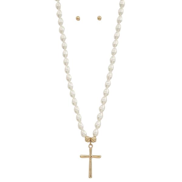 PEARL CROSS PENDANT NECKLACE EARRING SET