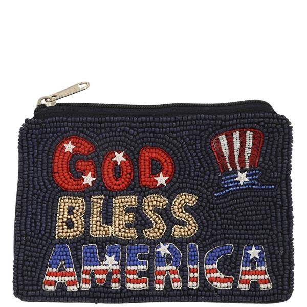 SEED BEAD GOD BLESS AMERICA COIN PURSE BAG