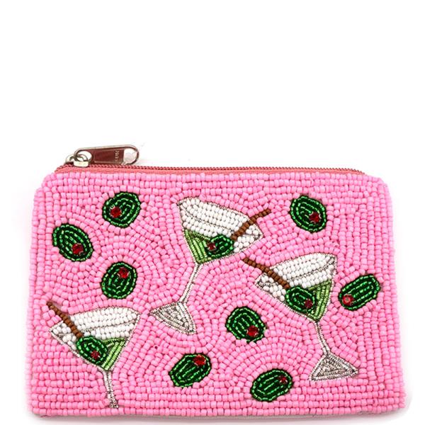 SEED BEAD MARTINI GLASS AND OLIVE COIN PURSE BAG