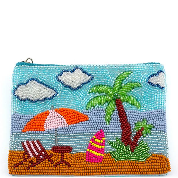 SEED BEAD BEACH UMBRELLA PALM TREE SCENE COIN PURSE BAG