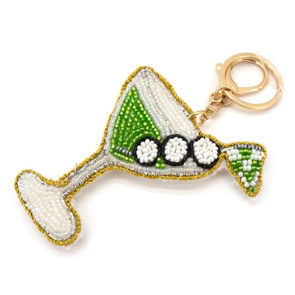 BEADED MARTINI OLIVE GLASS CHARM BAG CHARM KEYCHAIN
