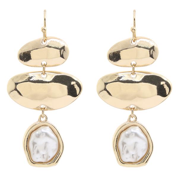 OVAL METAL ROUND PEARL DANGLE EARRING
