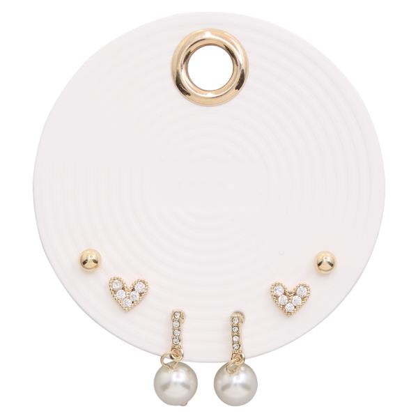 PEARL RHINESTONE HEART METAL BEAD ASSORTED EARRING SET