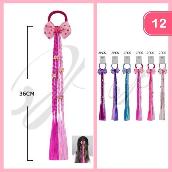 GIRLS BRAIDED PONYTAIL HAIR EXTENSION WITH POLKA DOT BOW AND DECORATIVE CLIPS HAIR TIE (12 UNITS)