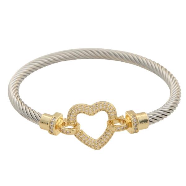 TWO TONE TWIST CABLE HEART CLASP BANGLE BRACELET