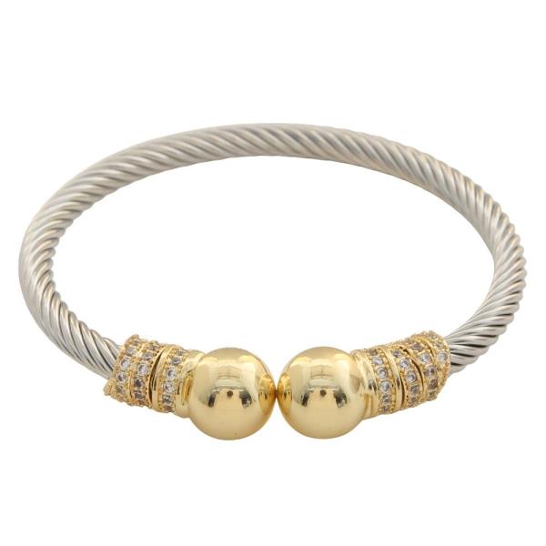 TWO TONE TWIST CABLE DOUBLE BALL CUFF BRACELET
