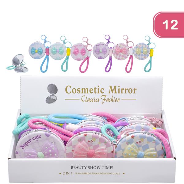 2IN1 PLANE MIRROR AND MAGNIFYING GLASS SUPER CUTE BOW W STRAP KEYCHAIN (12 UNITS)