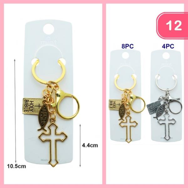 HOLY BIBLE BOOK AND FISH SYMBOL CROSS KEYCHAIN (12 UNITS)