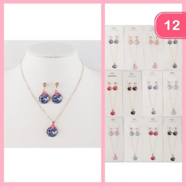 ROUND BUTTERFLY PENDANT NECKLACE EARRING SET (12 UNITS)