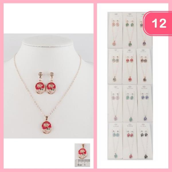 BUTTERFLY CIRCLE PENDANT NECKLACE EARRING SET (12 UNITS)