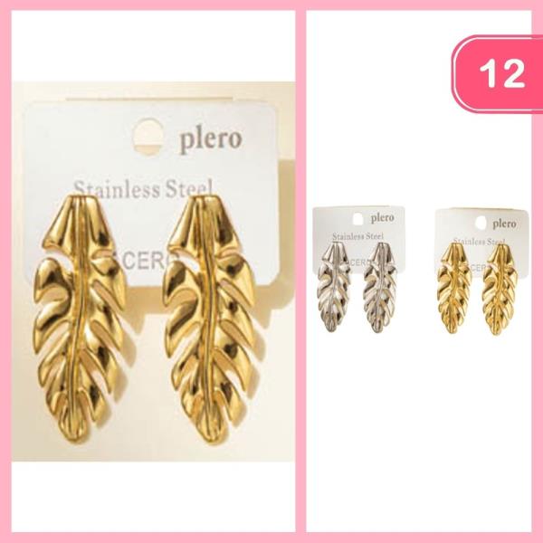 FEATHER LEAVE LIKE METAL FLOWER POST EARRING (12 UNITS)