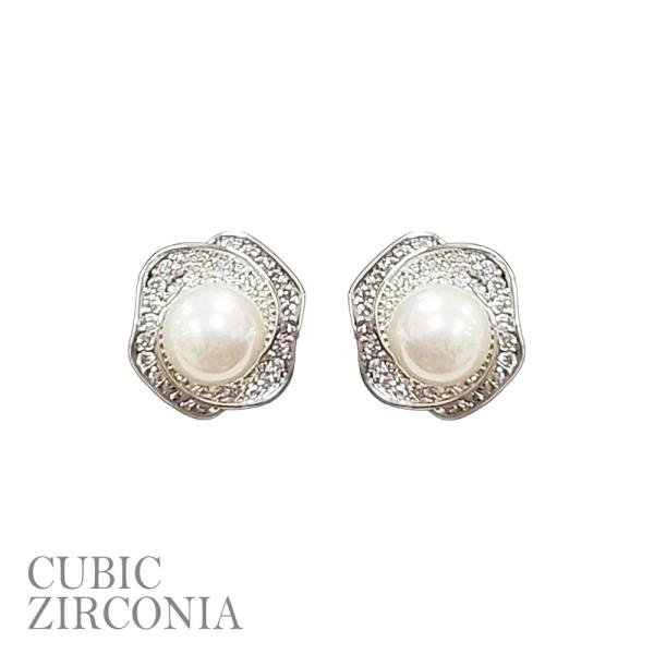RHINESTONE CZ PEARL FLOWER POST EARRING
