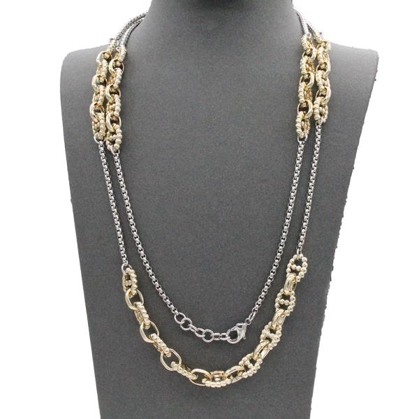 14K GOLD PLATED TWO TONE THREE ROW NECKLACE LONG WITH MAGNETIC BALL CLOSURE