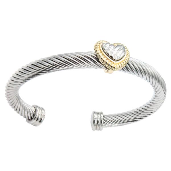 14K GOLD PLATED 2-TONE 6 MM HEART CUFF CABLE BRACELET