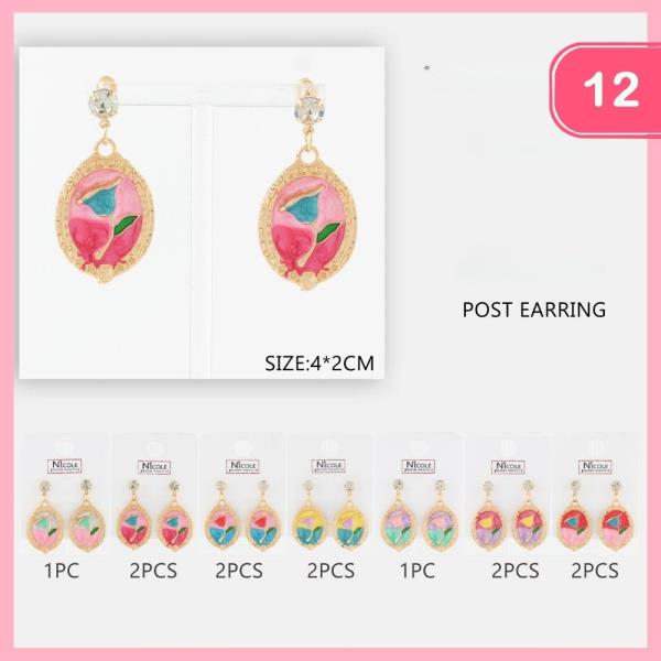 ENAMEL FLOWER PAINT FRAME DANGLE EARRINGS (12 UNITS)