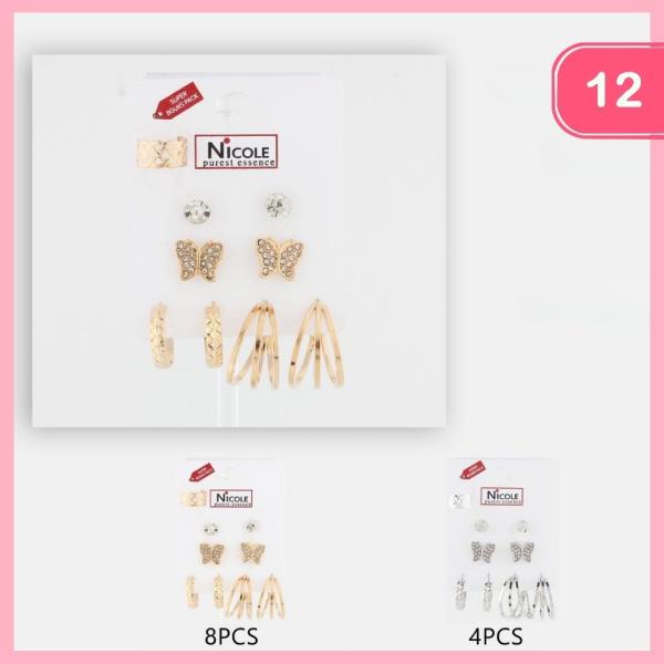 STUD BUTTERFLY RHINESTONE HOOP EARRING SET (12 UNITS)