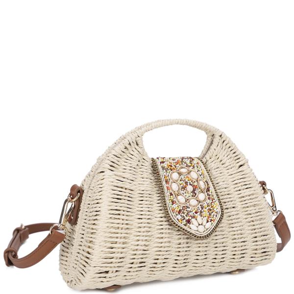 STYLISH BEADED STRAW HANDLE SATCHEL BAG