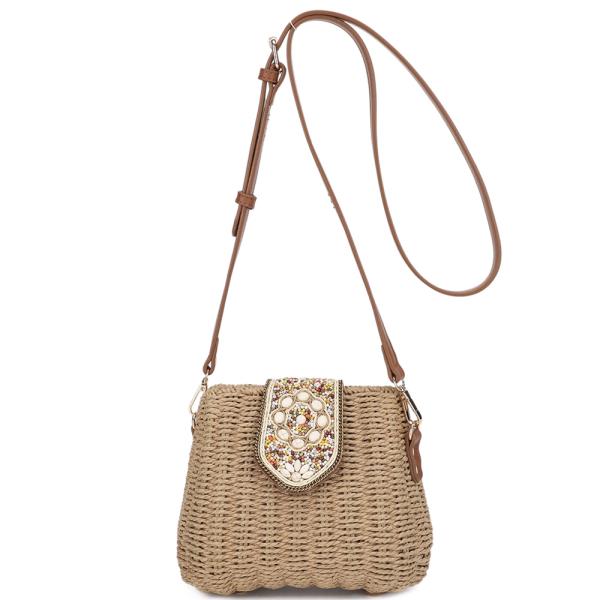 STYLISH BEADED STRAW HANDLE CROSSBODY BAG