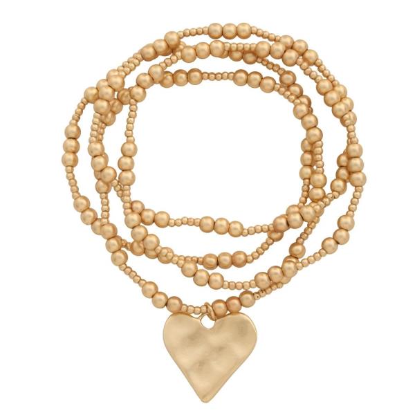 LAYERED BEADED HEART CHARM STRETCH BRACELET SET