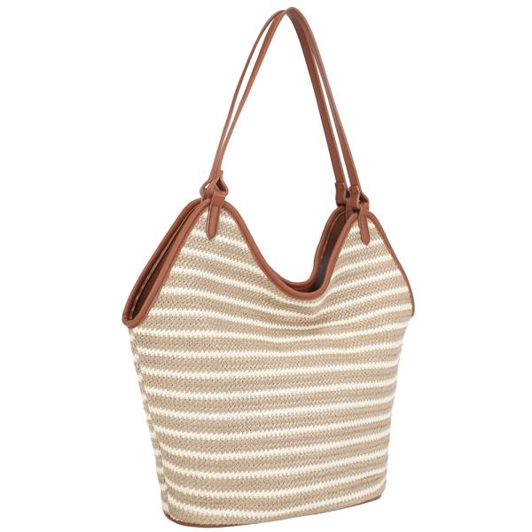 STRIPED CURVE STRAW DESIGN SHOULDER TOTE BAG