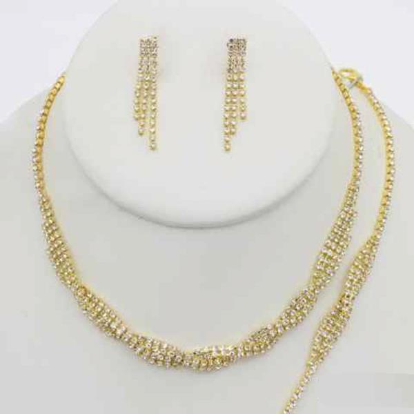 RHINESTONE MULTI STRAND NECKLACE EARRING BRACELET SET