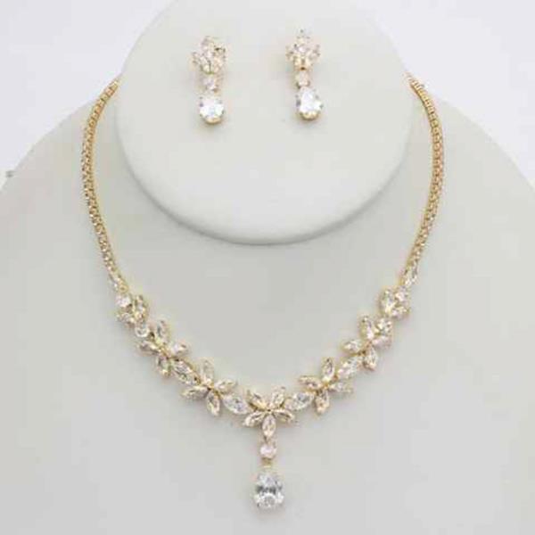 CZ MARQUISE TEARDROP RHINESTONE PENDANT NECKLACE EARRING SET
