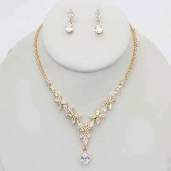 CZ MARQUISE TEARDROP RHINESTONE PENDANT NECKLACE EARRING SET