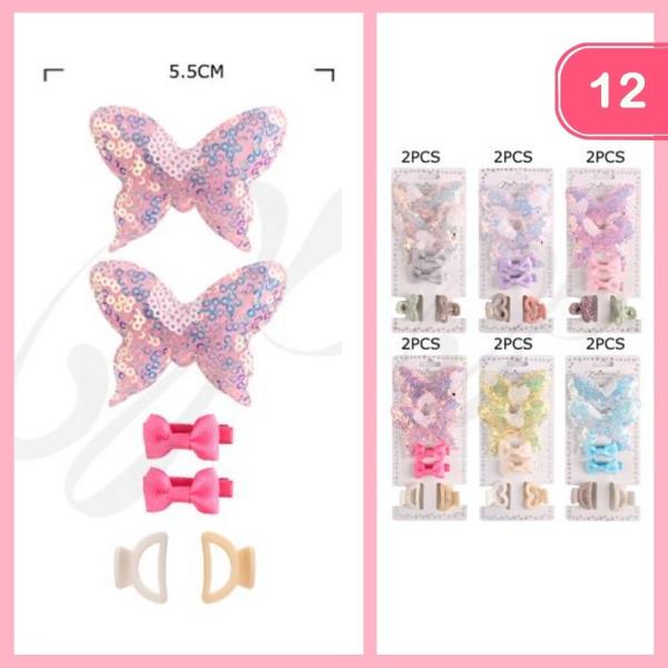 SEQUINS BUTTERFLY HAIR BOW AND CLAW CLIP SET (12 UNITS)