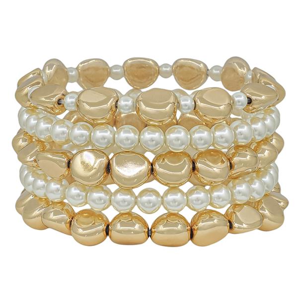 5 SET 10MM PEBBLE CCB 6MM PEARL STRETCH BRACELET