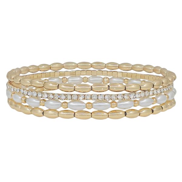 4 SET OVAL PEARL TENNIS CHAIN STRETCHED BRACELET