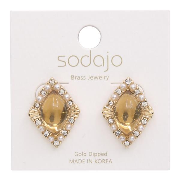 SODAJO RHINESTONE PEARL STUD GEM GOLD DIPPED EARRING