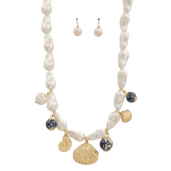 METAL PEARL SHELL MULTI CHARM NECKLACE EARRING SET