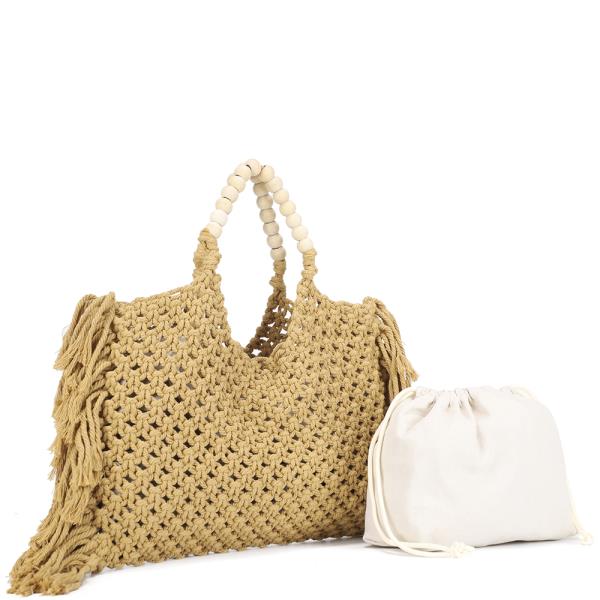 2IN1 WOVEN KNITTED TASSEL STYLE BEADED HANDLE TOTE BAG W POUCH SET