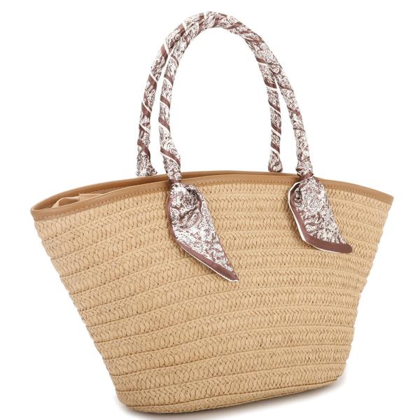 STRAW SCARF HANDLE TOTE BAG