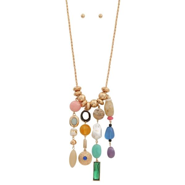 METAL STONE LINK STATEMENT NECKLACE EARRING SET