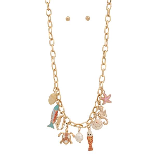METAL SEA LIFE MULTI CHARM NECKLACE EARRING SET