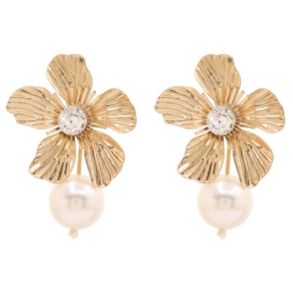 METAL FLORAL RHINESTONE PEARL DROP BROOCH EARRING