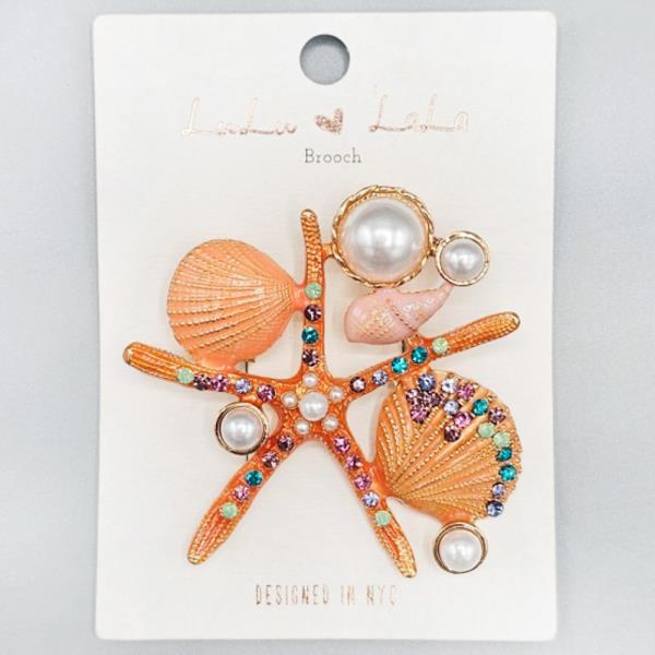 METAL RHINESTONE PEARL SEASHELL STARFISH BROOCH PIN