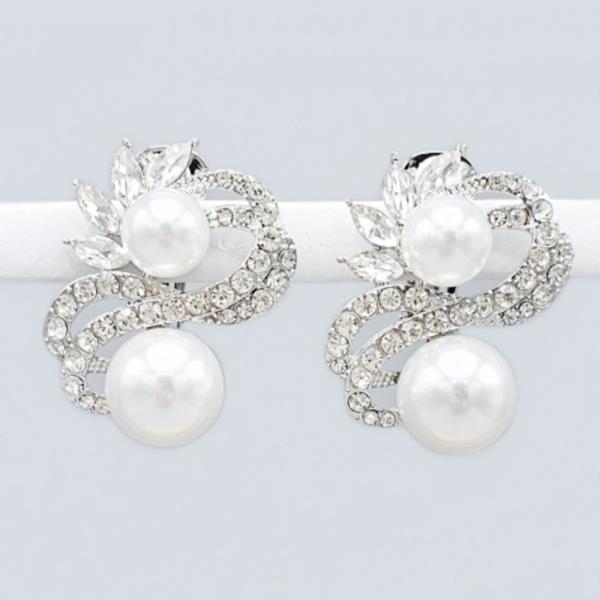 METAL RHINESTONE PEARL SWIRL CLIP ON EARRINGS