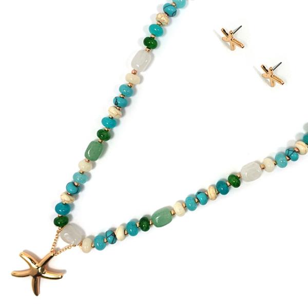 STARFISH W COLOR BEAD NECKLACE EARRING SET