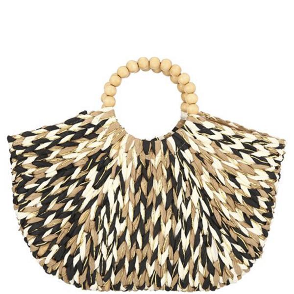 NATURAL STRAW BEADED HANDLE TOTE BAG
