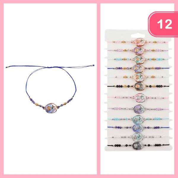 SEED BEAD ROUND FLOWER PENDANT THREAD BRACELET (12 UNITS)