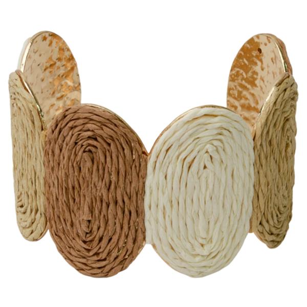 WOVEN RAFFIA DISC METAL CUFF BRACELET