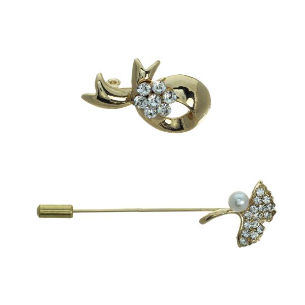 RHINESTONE TWO PC GINKGO BOW HAT BROOCH