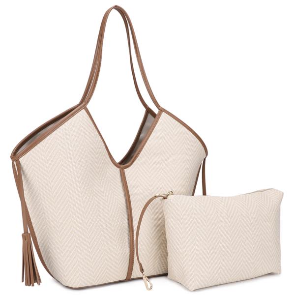 2IN1 TEXTURED TASSEL TOTE BAG W POUCH SET