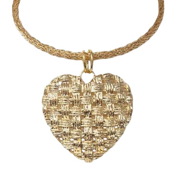 METAL TEXTURED HEART PENDANT NECKLACE EARRING SET