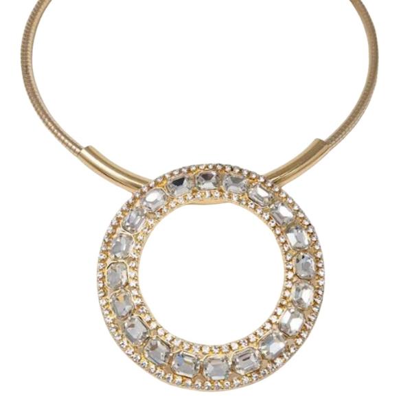 RHINESTONE ROUND HOOP PENDANT STATEMENT NECKLACE EARRING SET